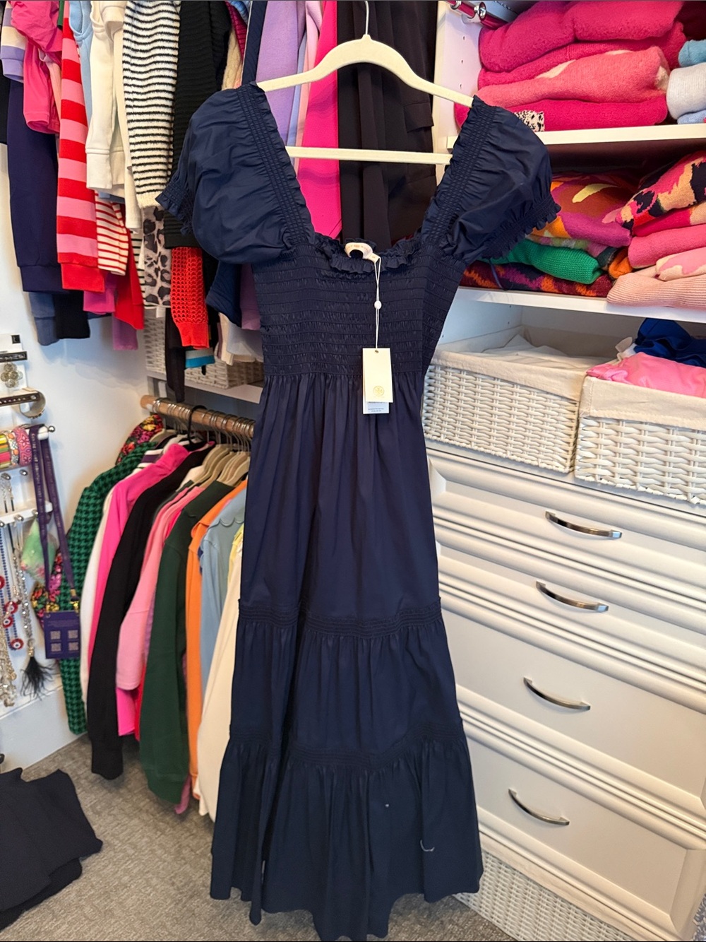 Tory Burch Navy Puff-Sleeve Maxi Dress